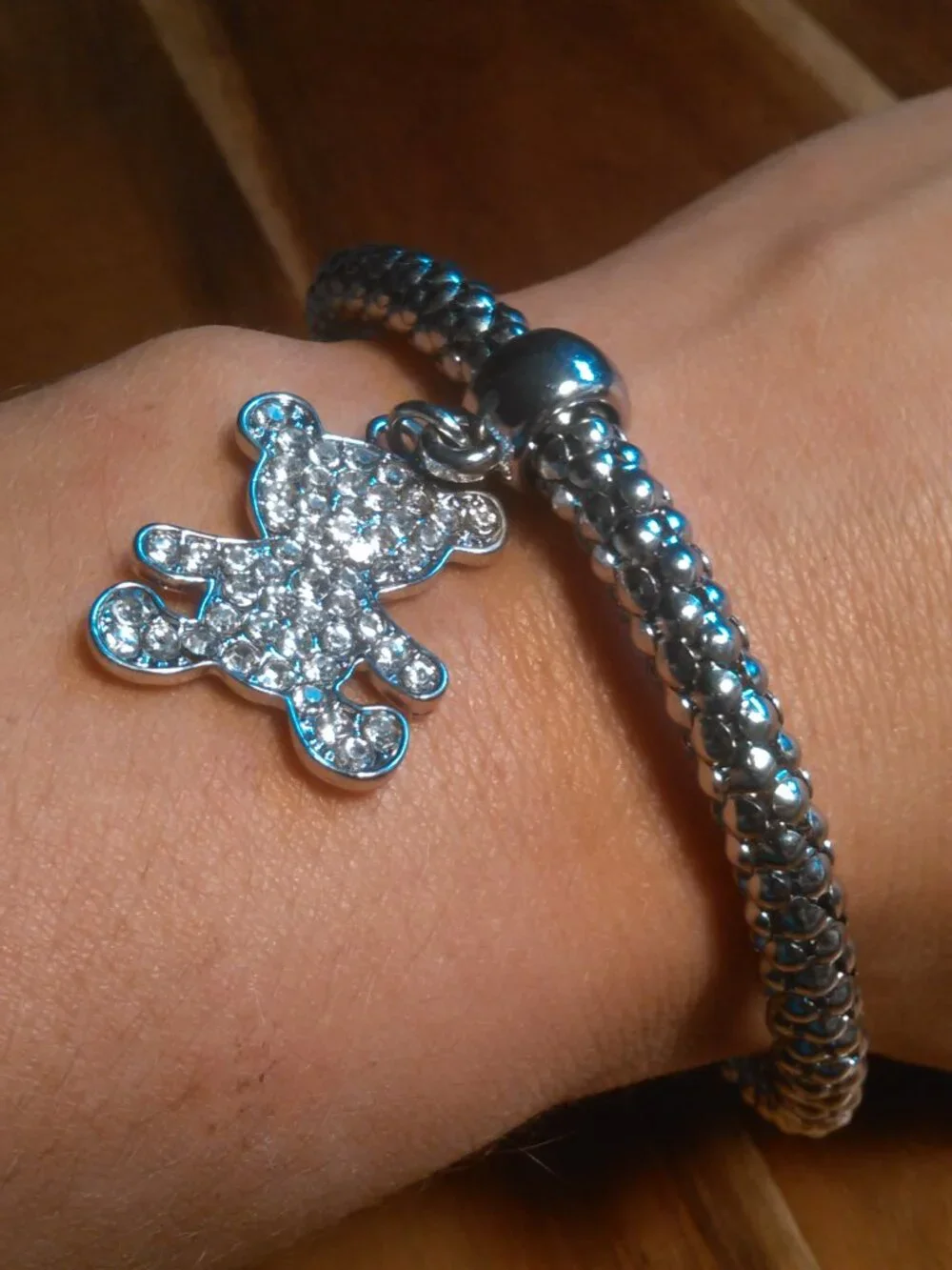 White Austrian Crystal Teddy Bear Silvertone Stretch Bracelet